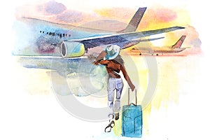 Woman traveler boarding airplane, rear view. Departure. Girl at an airport about to board an aircraft.