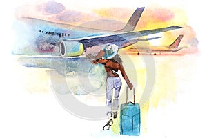 Woman traveler boarding airplane, rear view. Departure. Girl at an airport about to board an aircraft. photo