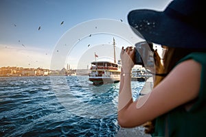 Woman traveler on the Bosphorus in Istanbul