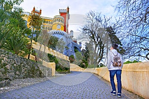 Woman traveler in famous Palace of Pena, Sintra, Lisboa photo