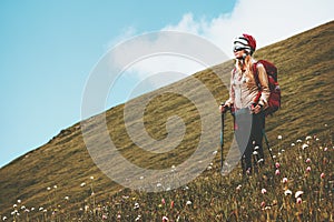 Woman traveler hiking alone