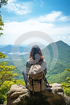 Woman traveler hiking in mountains with backpack, looking at view. AI Generated