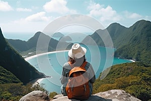 Woman traveler hiking in mountains with backpack, looking at view. AI Generated