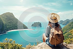 Woman traveler hiking in mountains with backpack, looking at view. AI Generated
