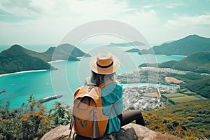 Woman traveler hiking in mountains with backpack, looking at view. AI Generated