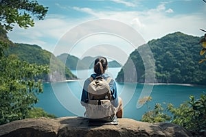 Woman traveler hiking in mountains with backpack, looking at view. AI Generated