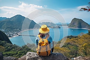 Woman traveler hiking in mountains with backpack, looking at view. AI Generated