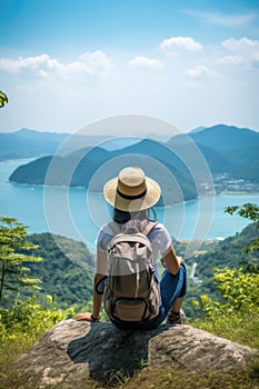 Woman traveler hiking in mountains with backpack, looking at view. AI Generated