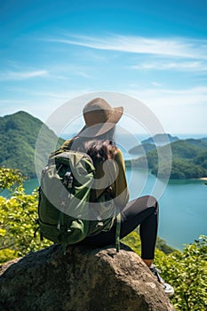 Woman traveler hiking in mountains with backpack, looking at view. AI Generated