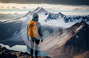 Woman Traveler hiking in the mountains. Mountaineering sport concept created with generative Ai technology