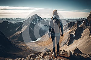 Woman Traveler hiking in the mountains. Mountaineering sport concept created with generative Ai technology