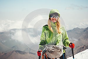 Woman traveler hiking in mountains Travel