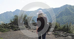 Woman traveler hiking walking in mountains in beautiful valley, back view.