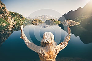 Woman Traveler meditating harmony alone Travel