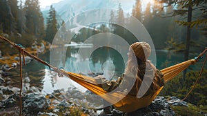 Woman traveler relax in hammock on mountain top Summer travel vacation concept AI generated
