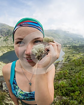 Woman traveler taking selfie in mountains Travel Lifestyle adventure concept active vacations outdoor mountaineering