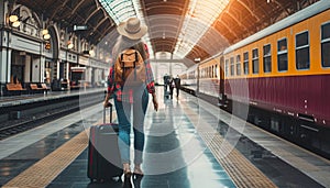 Woman traveler tourist walking with luggage at train station.