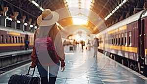 Woman traveler tourist walking with luggage at train station.