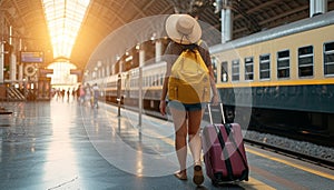 Woman traveler tourist walking with luggage at train station.