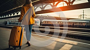 Woman traveler tourist walking with luggage at train station. Active and travel lifestyle concept