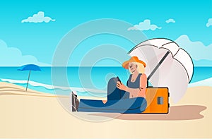 woman traveler using smartphone on tropical beach summer vacation holiday time to travel concept