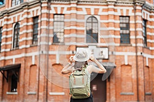 woman traveler visiting in Taiwan, Tourist sightseeing at Red House or old theater in Ximen, Taipei City. landmark and popular