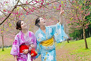 Woman travelers wearing traditional kimono