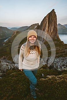 Woman traveling alone in Norway adventure scandinavian vacations healthy lifestyle outdoor