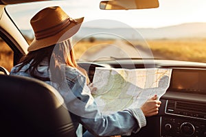 Woman traveling alone sitting in car with map, AI Generated