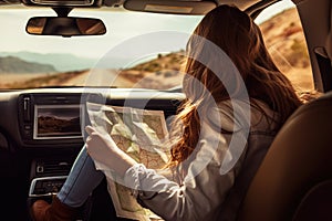 Woman traveling alone sitting in car with map, AI Generated