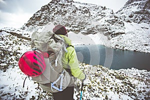 Woman Traveling with backpack hiking