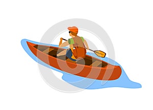 Woman traveling with backpack paddling canoe