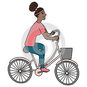 Woman traveling on bike, healthy and sport lifestyle concept, doodle style vector