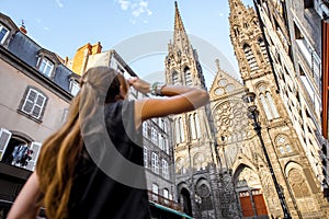 Woman traveling in Clermont-Ferrand city in France