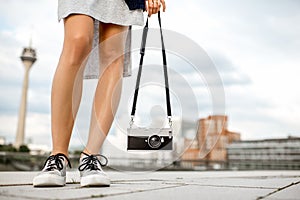 Woman traveling in Dusseldorf city