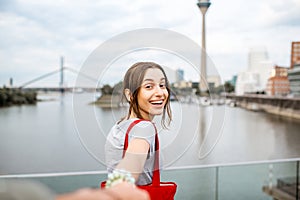 Woman traveling in Dusseldorf city