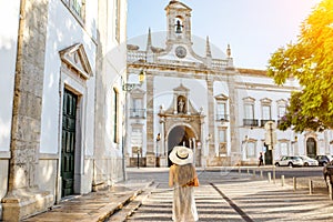 Woman traveling in Faro town on the south of Portugal