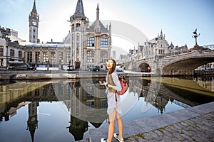 Woman traveling in Gent old town, Belgium