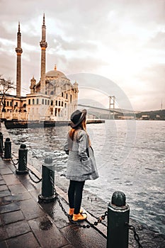 Woman traveling at Istanbul Ortakoy Mosquel, Turkey