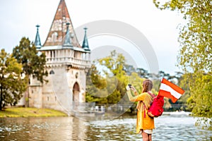 Woman traveling near the austrian castle