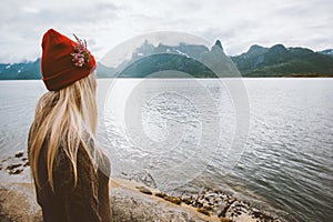 Woman traveling solo in Norway outdoor summer vacation healthy lifestyle