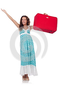 Woman traveller with suitcase isolated