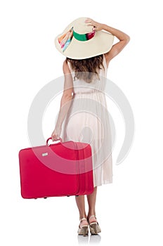 Woman traveller with suitcase isolated