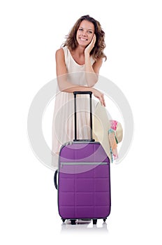 Woman traveller with suitcase isolated