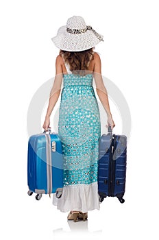 Woman traveller with suitcase isolated