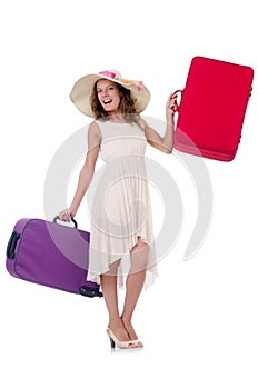 Woman traveller with suitcase isolated