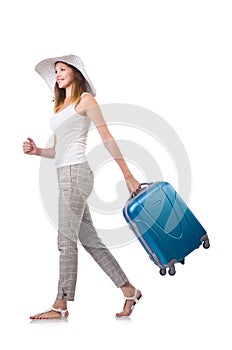 Woman traveller with suitcase isolated