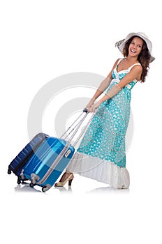 Woman traveller with suitcase isolated