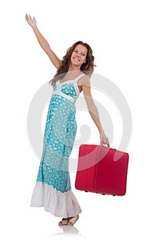 Woman traveller with suitcase isolated