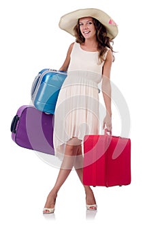 Woman traveller with suitcase isolated